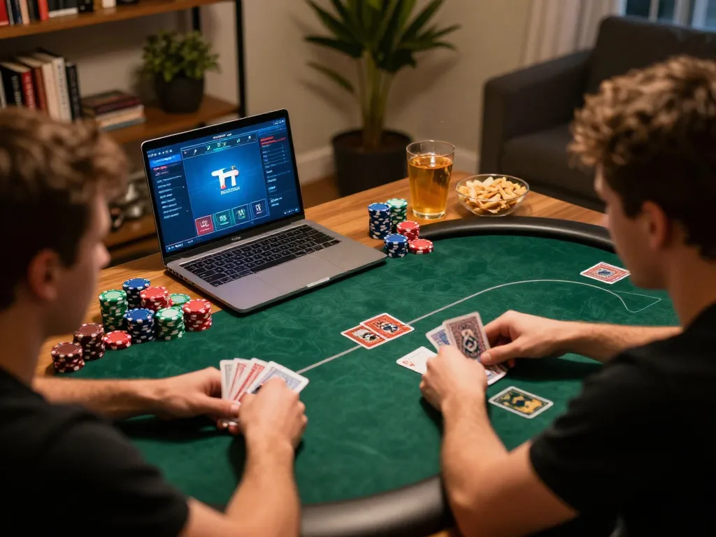kp88 player engaged in online poker game with chips and snacks in a cozy home setting