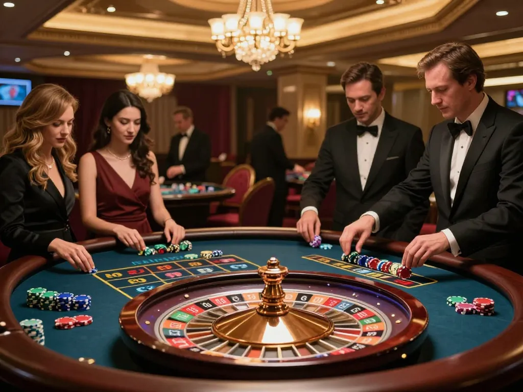 Experience exhilarating gameplay at okwin's roulette table, with players eagerly placing bets in a luxurious casino atmosphere.