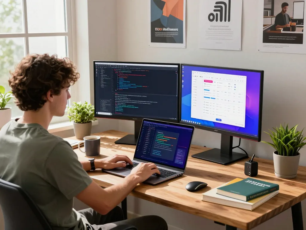 Developer utilizing the molt bot AI assistant in a vibrant home office setup.