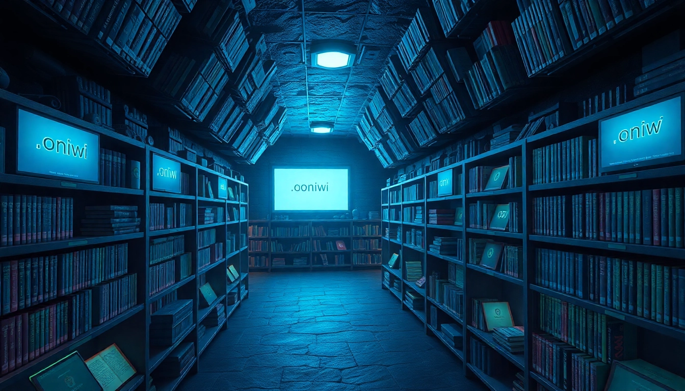 Discover the hidden wiki in a digital underground library showcasing .onion URLs and dark web elements.
