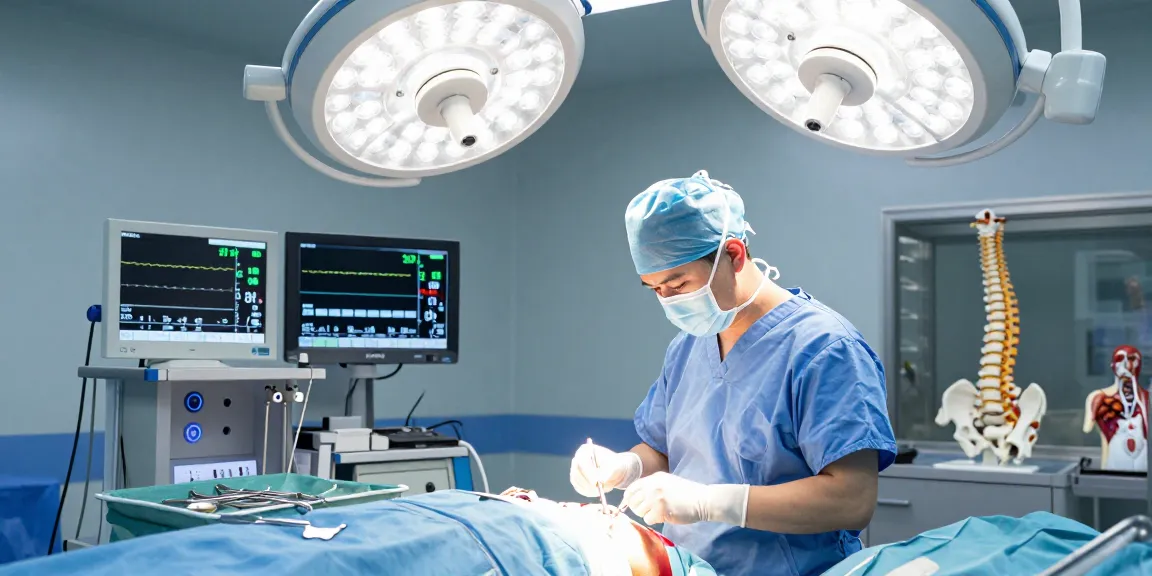 Dar kanal ameliyatı in a modern surgical theatre with a focused orthopedic surgeon and advanced equipment.