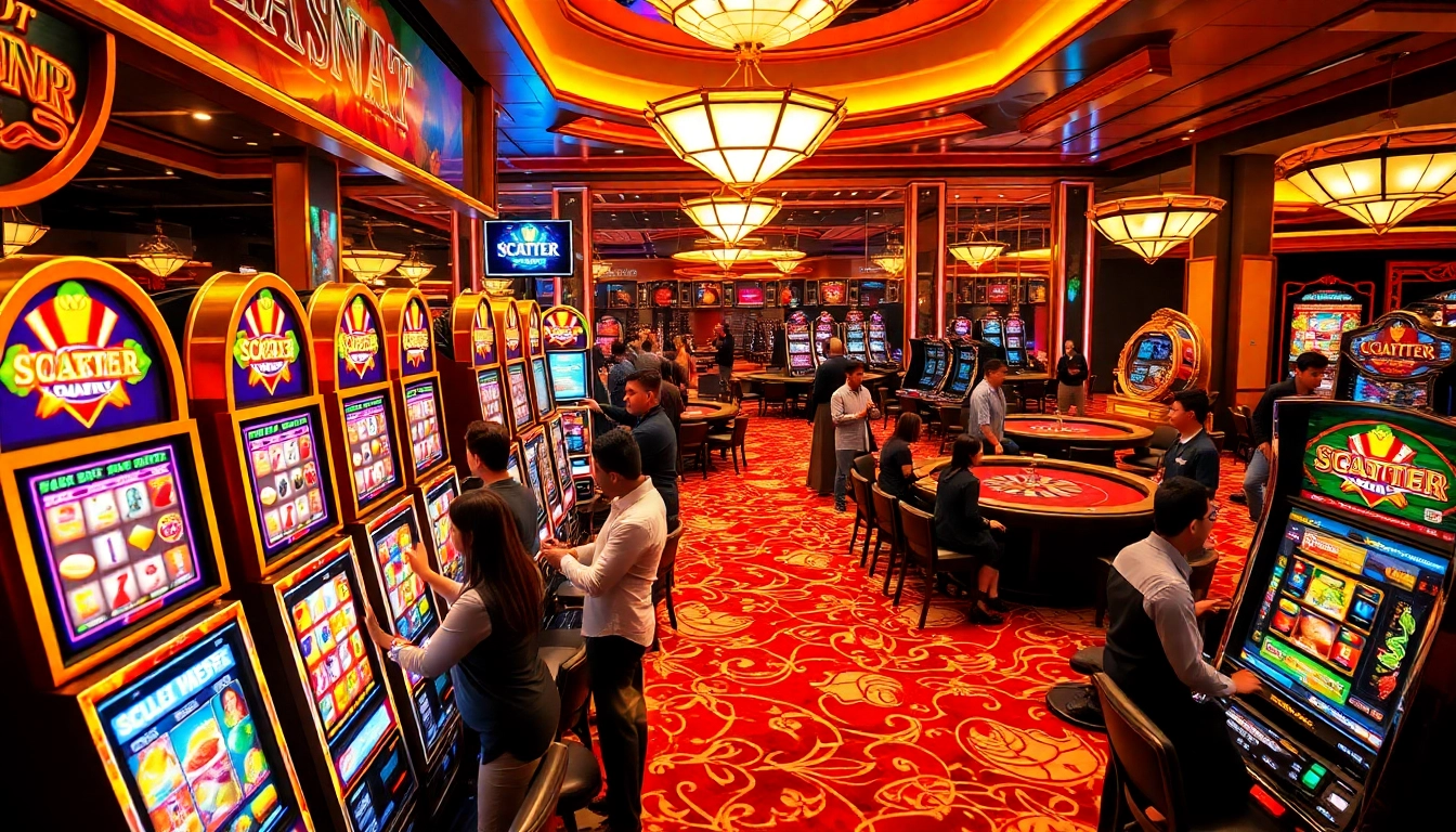 Gamblers playing slot scatter hitam machines in a luxurious casino environment, showcasing excitement and strategy.