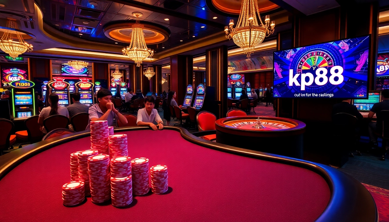 Experience kp88's vibrant casino atmosphere with poker tables and slot machines, capturing the thrill of gambling.