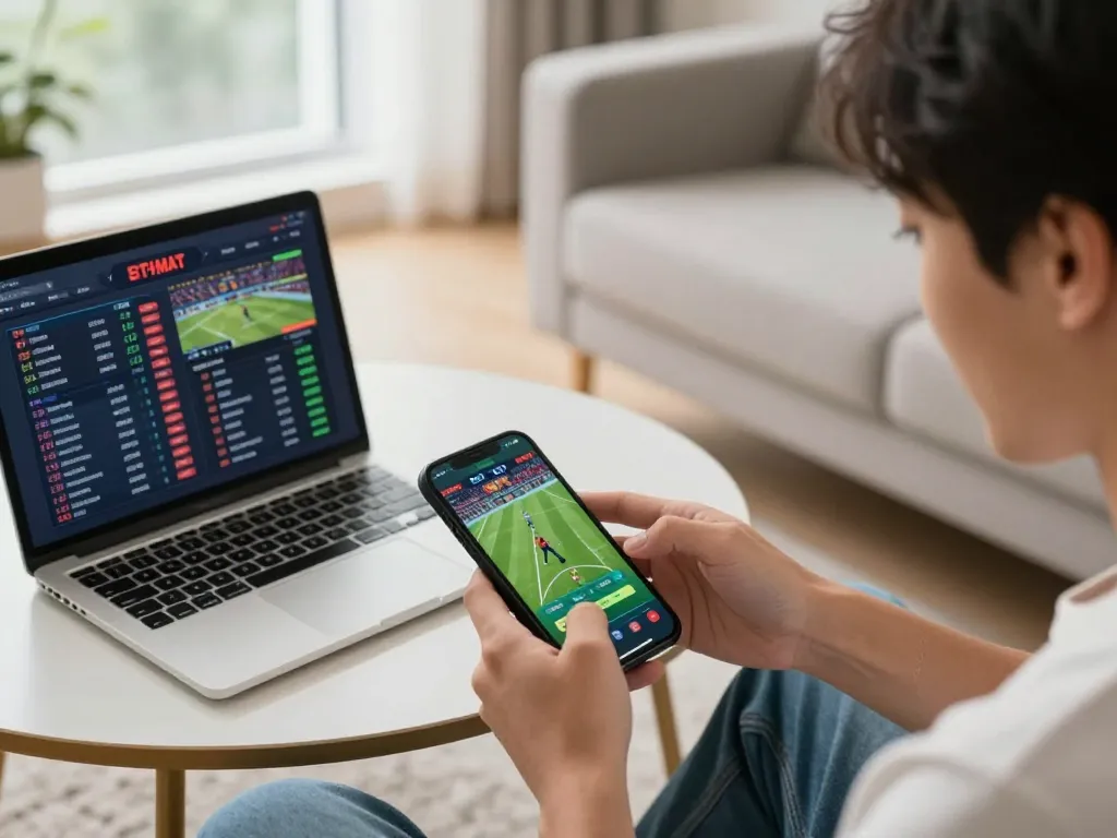 Engaging in live sports betting on a smartphone, subtle focus on TG88 platform, dynamic gaming action.