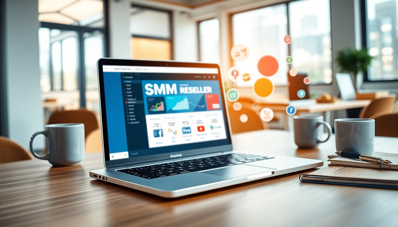 Engage with an smm reseller panel in a vibrant digital marketing setting on a laptop.