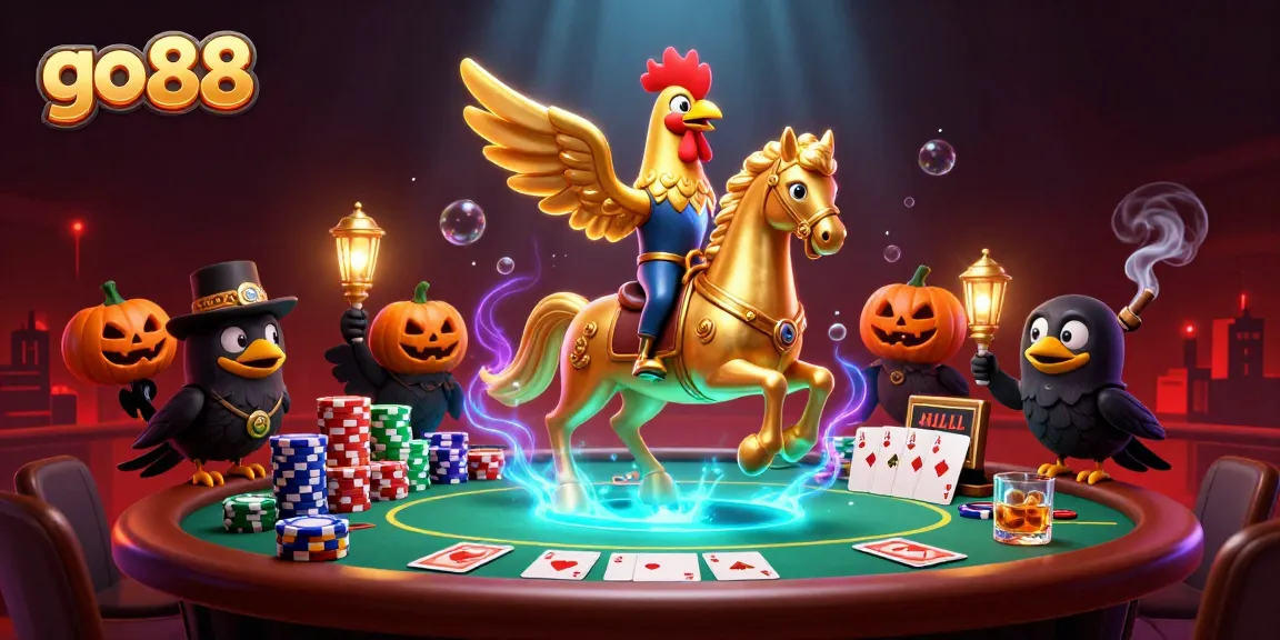 Experience go 88 excitement with a golden rooster and poker elements creating a thrilling casino atmosphere.