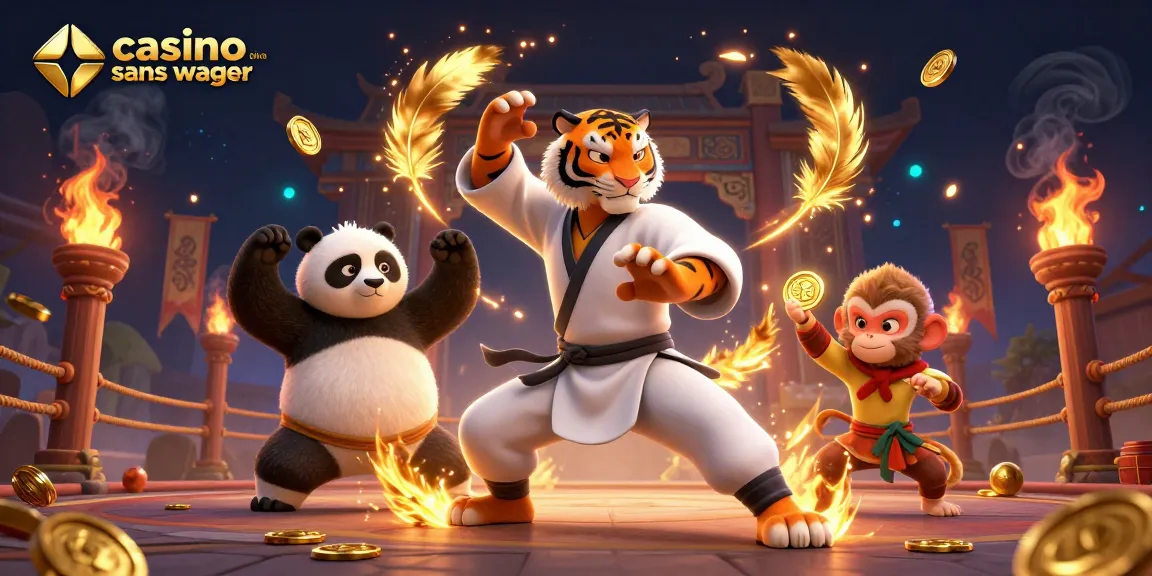 Profitez de l'expérience de jeu avec casino en ligne sans wager dans un univers captivant avec un tigre, un panda et un singe.