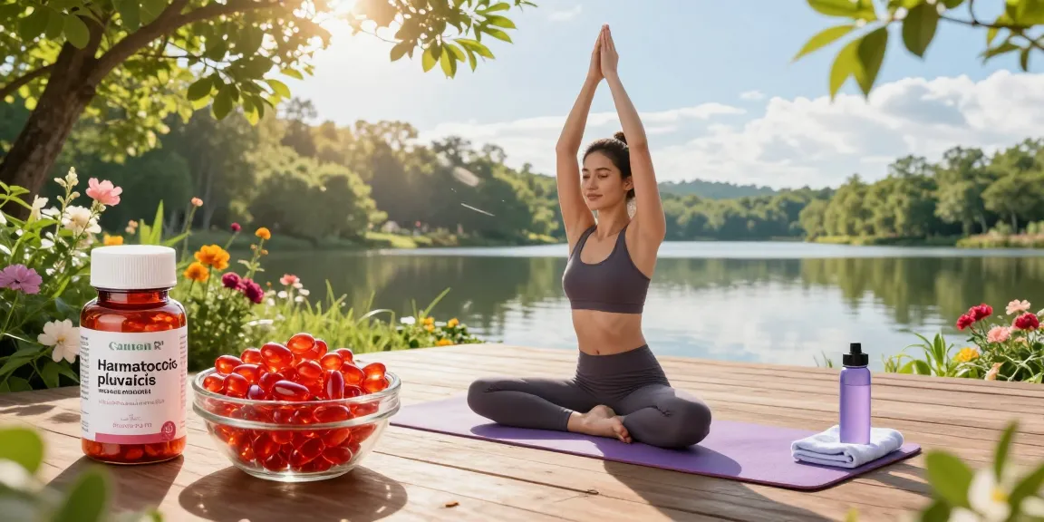 Woman practicing yoga with Haematococcus pluvialis astaxanthin nearby in a serene nature setting.