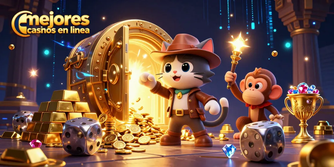 Descubre los mejores casinos en línea con una ilustración vibrante y detallada que muestra un gato explorador y su mono compañero.