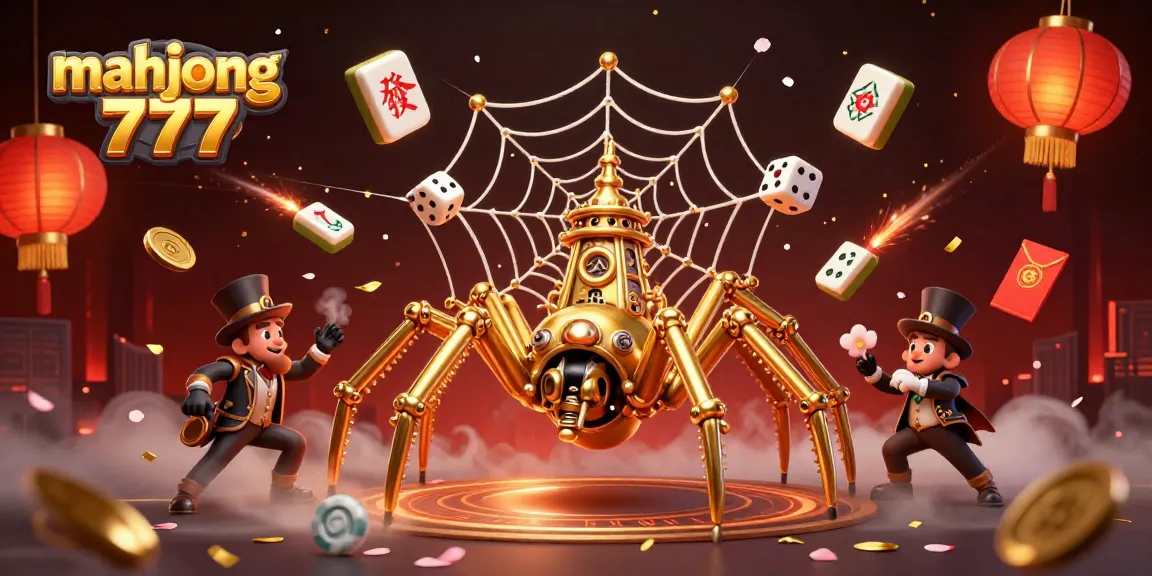 Engage with mahjong 777 as a steampunk spider captures unlucky dice within a captivating digital illustration.