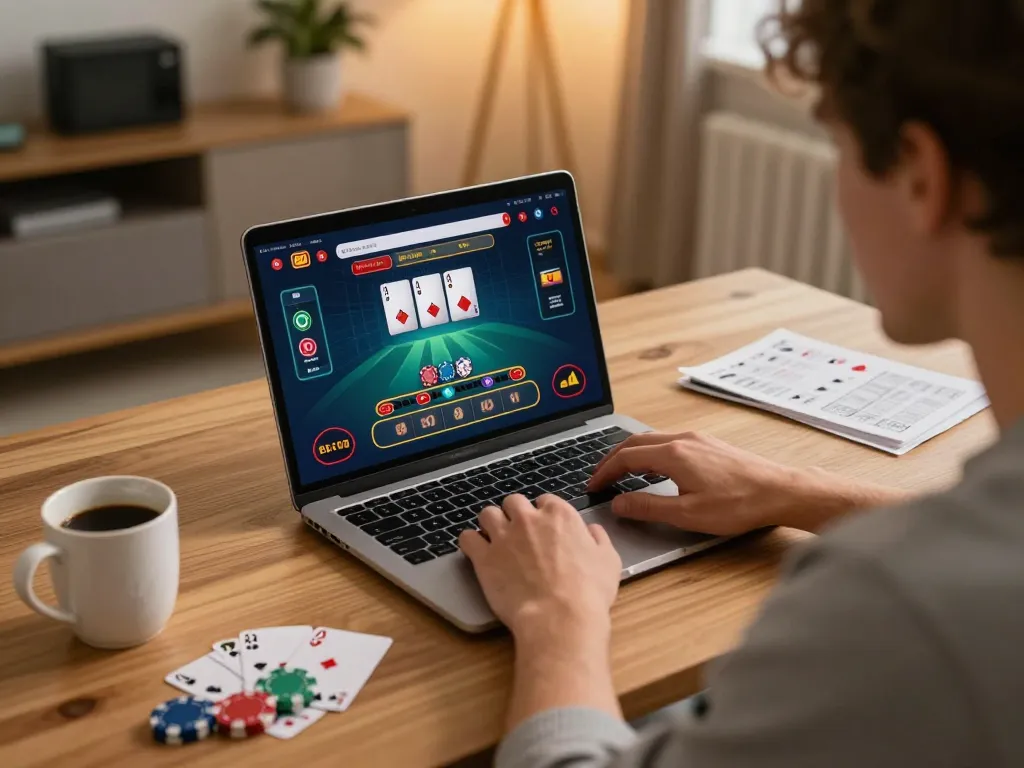 Strategi fokus pemain Bintangmpo di permainan blackjack dealer langsung di laptop.