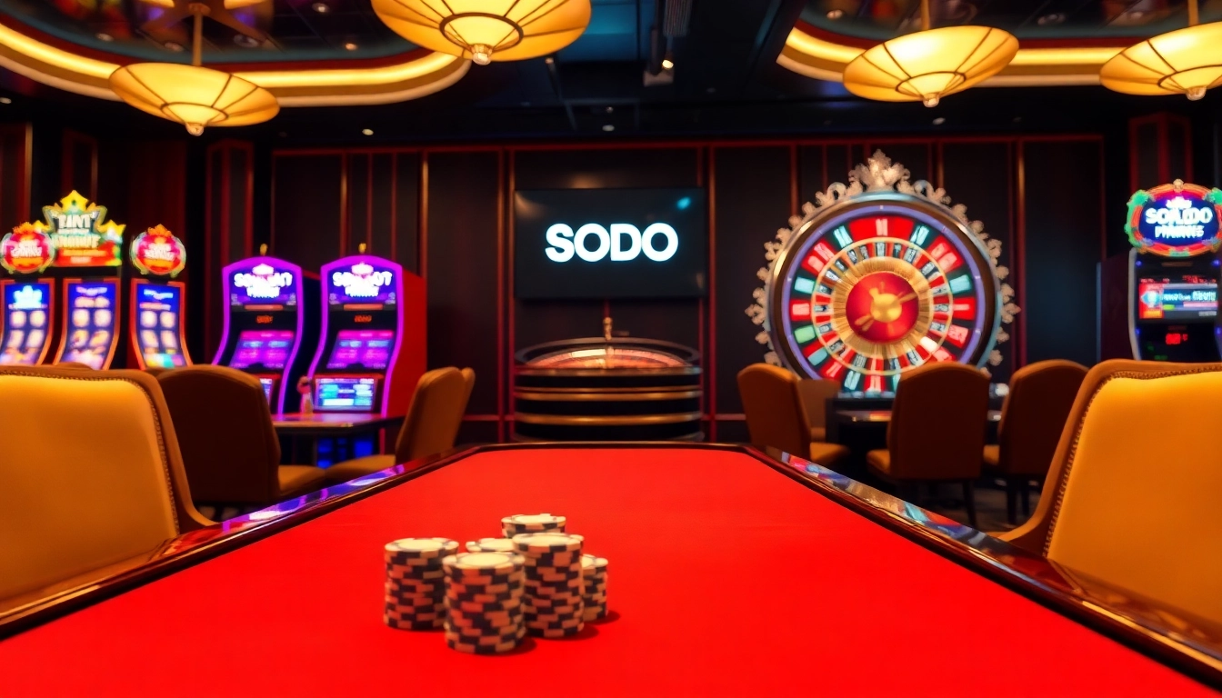 Experience the excitement of SODO casino with vibrant gaming tables and a roulette wheel.