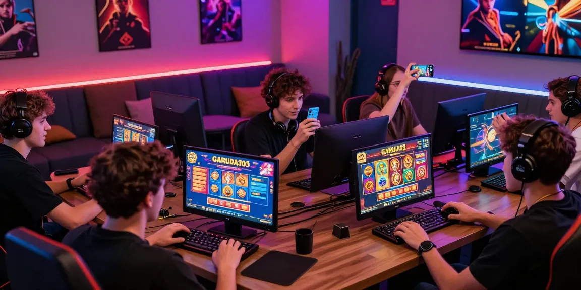 Players enjoying GARUDA303 slot games in a lively gaming lounge environment, showcasing excitement and community spirit.