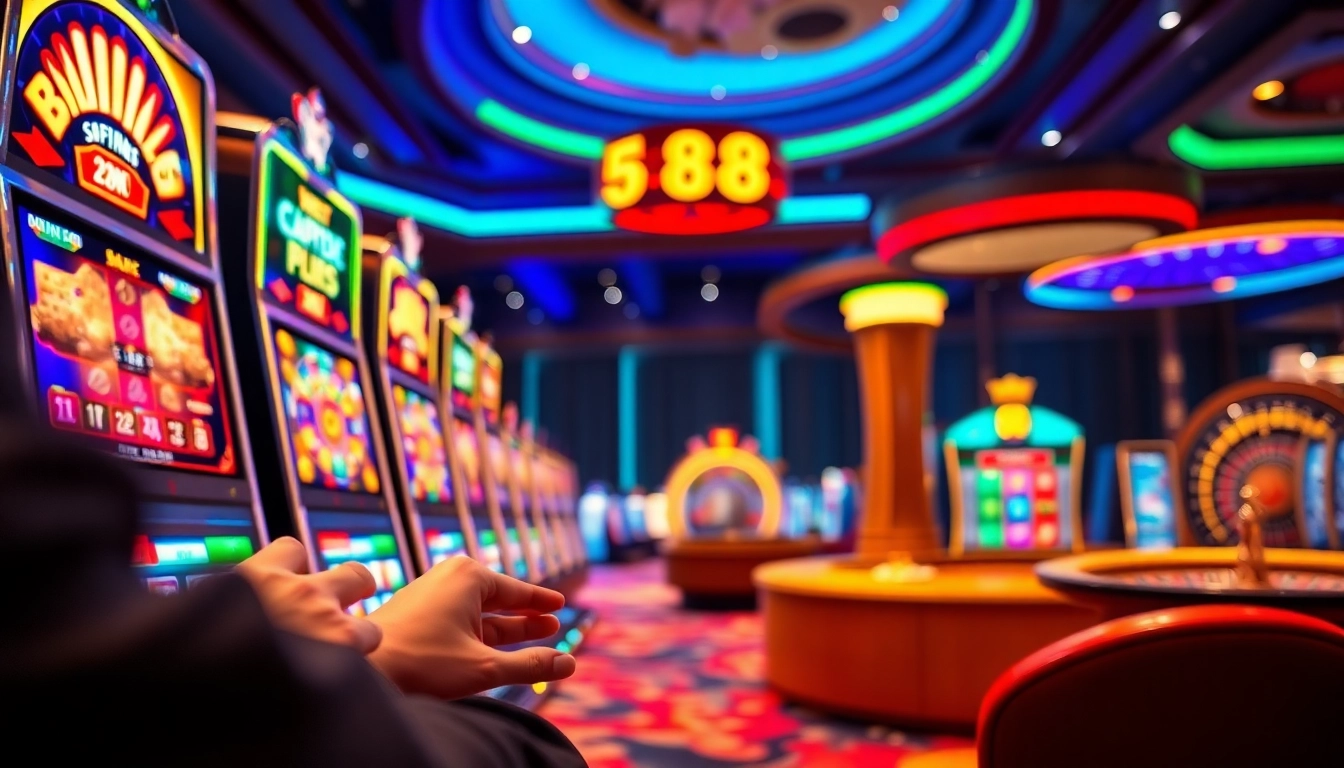 Players engaging with slot88 machines in a luxurious casino environment, showcasing excitement and gambling strategy.