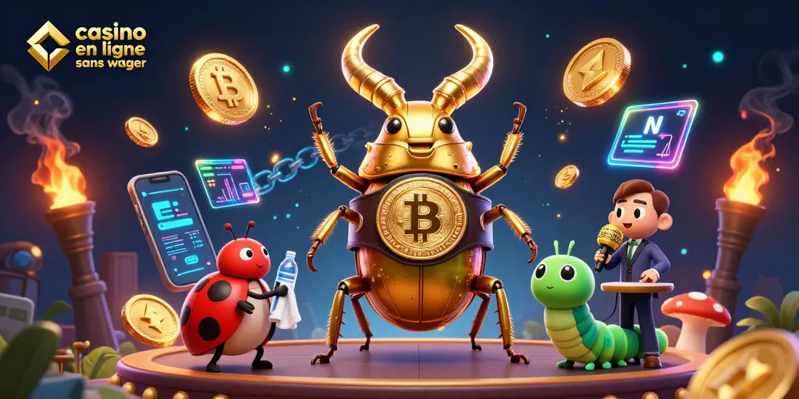 Profitez du casino en ligne sans wager avec un scarabée doré prêt pour le combat dans un monde animé.
