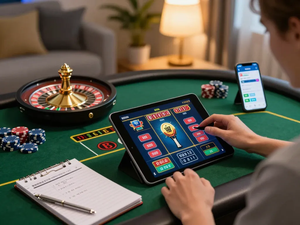 Person immersed in king slot game on tablet at home, strategic betting setup with notebook and smartphone.