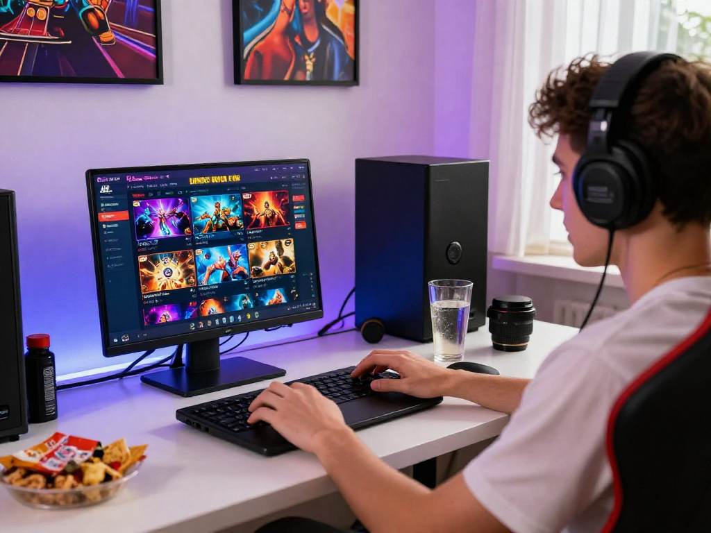 Engaging scene of a player enjoying european licensed online casinos at home with vibrant lighting and gaming setup.