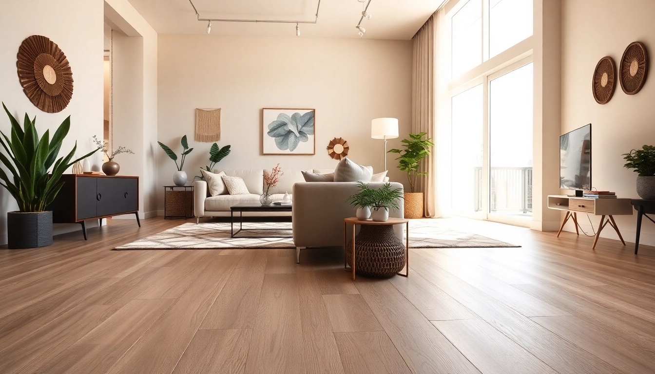 Experience flooring chicago with elegant grey oak LVP flooring in a modern living room setting.