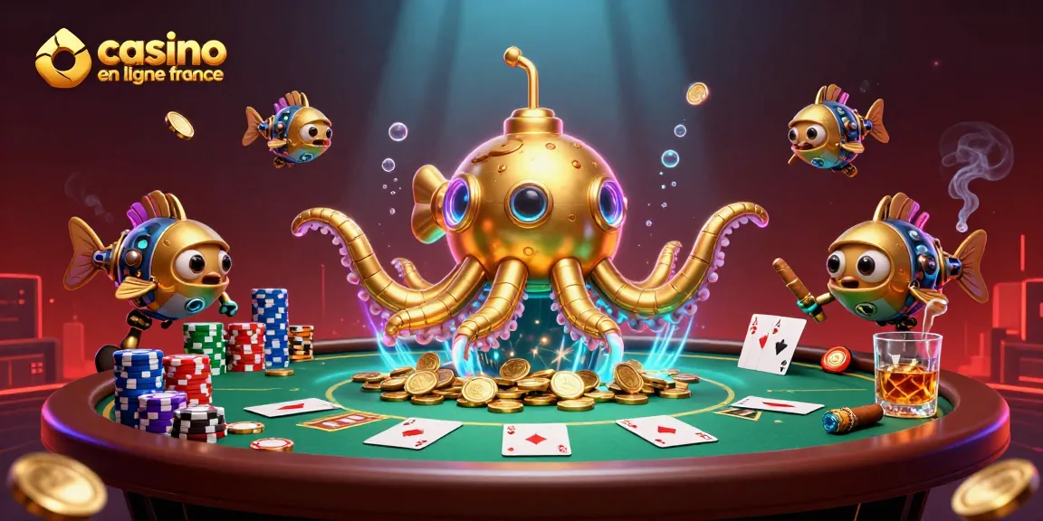 Plongez dans l'univers du casino en ligne France avec un kraken doré et des poissons mécaniques dans une scène dynamique.