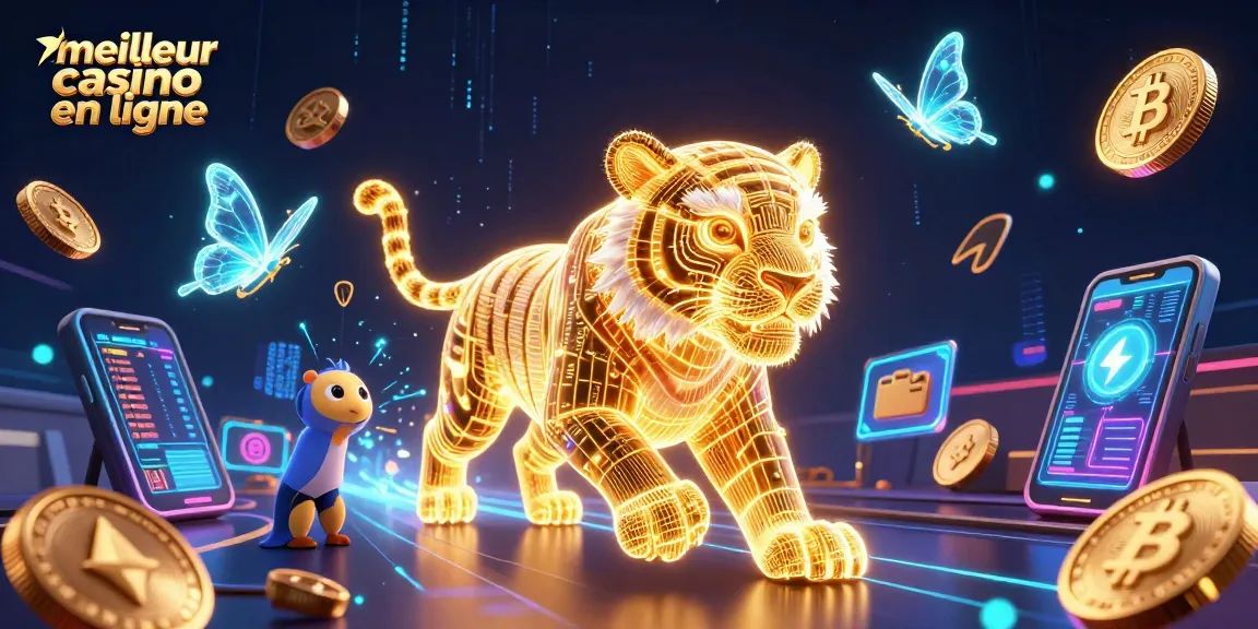 Ce visuel dynamique montre le meilleur casino en ligne avec un tigre lumineux et des pièces crypto autour.
