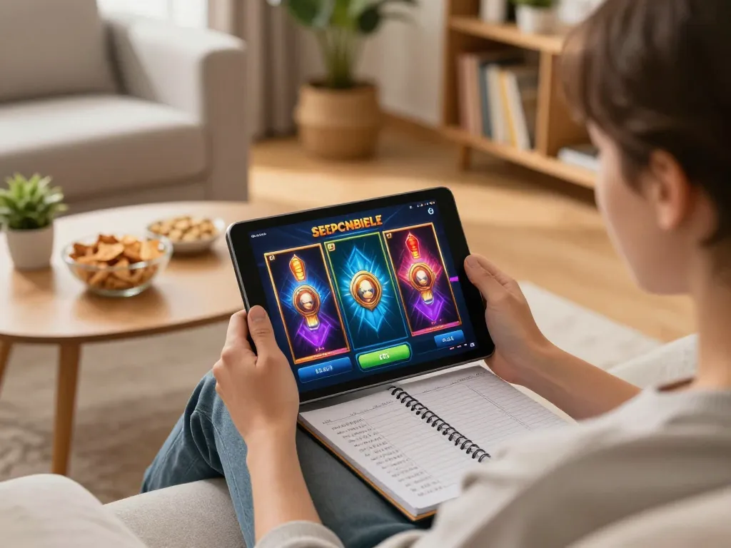 Player enjoying a 92slot online gaming session on a tablet in cozy home setting.