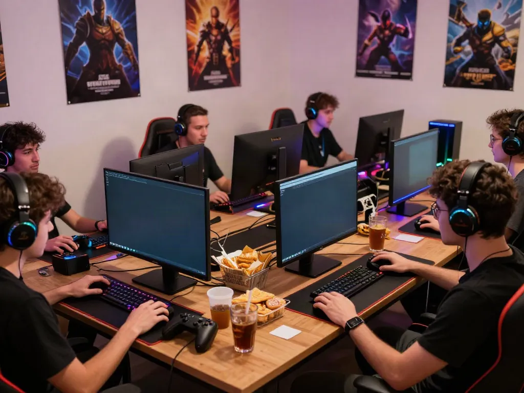 Engaged group of gamers immersed in action at ORION88 gaming setup.