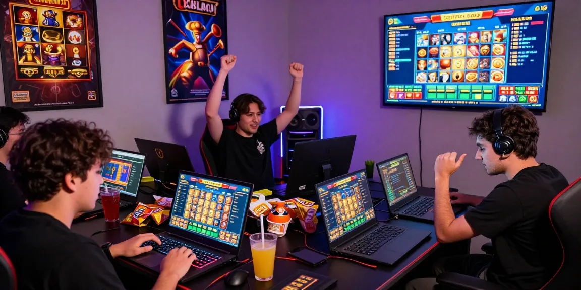 Engaged players enjoying GARUDA303 slot games in a vibrant gaming atmosphere with colorful screens and excitement.