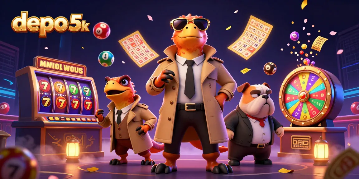 Watch depo 5k characters engage playfully with vibrant slot game elements in a lively casino illustration.