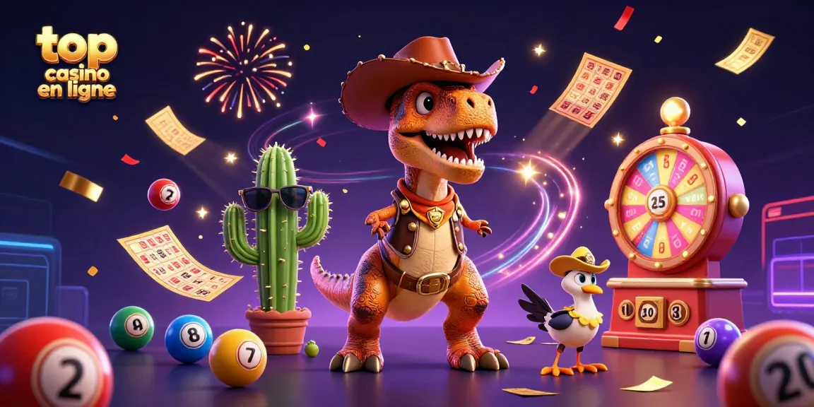 Illustration dynamique représentant le top casino en ligne avec un T-Rex, un cactus et un oiseau shérif.