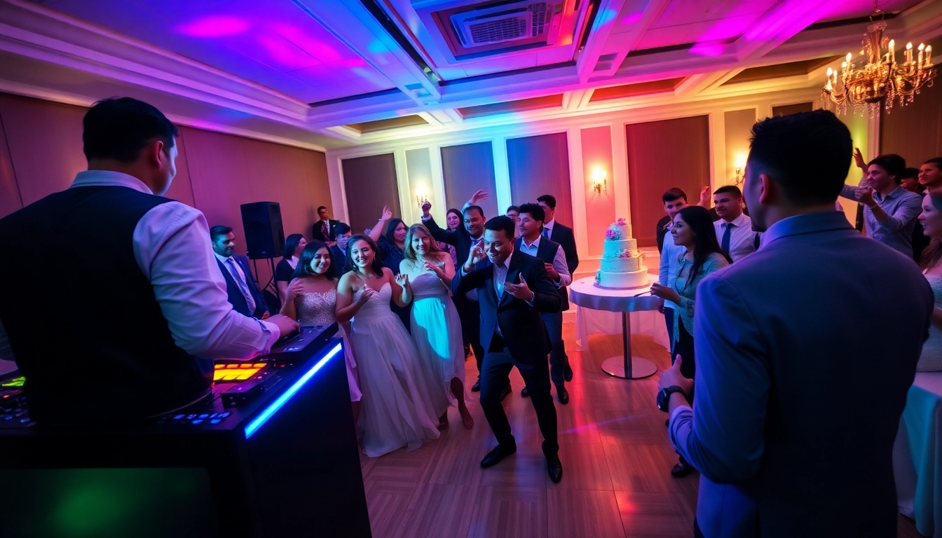 Sydney wedding DJ energizing a multicultural wedding reception, with joyful guests dancing and vibrant lighting.