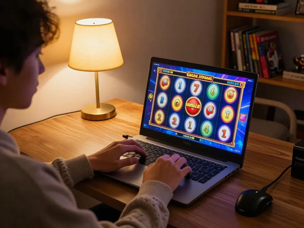 Engaging online gaming scene showcasing a laptop with slot gacor jepang, reflecting relaxed home entertainment.