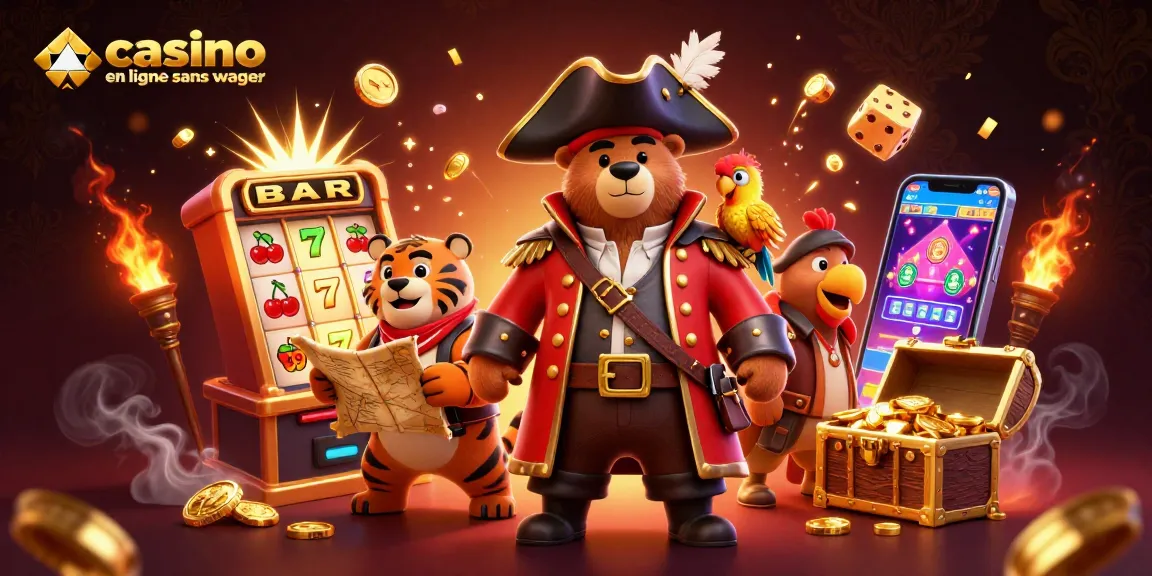 Profitez de l'animation du casino en ligne sans wager avec des personnages colorés et des machines à sous.