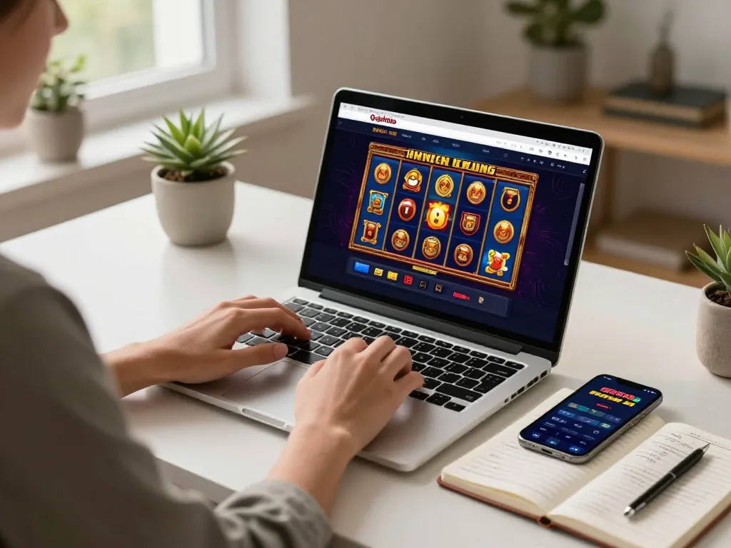 Engaged gamer exploring Gajah Toto slots on a laptop, cozy home office setting.