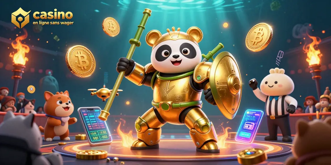 Gagnez avec le casino en ligne sans wager tout en profitant d'une illustration dynamique de robots et de crypto-monnaies.
