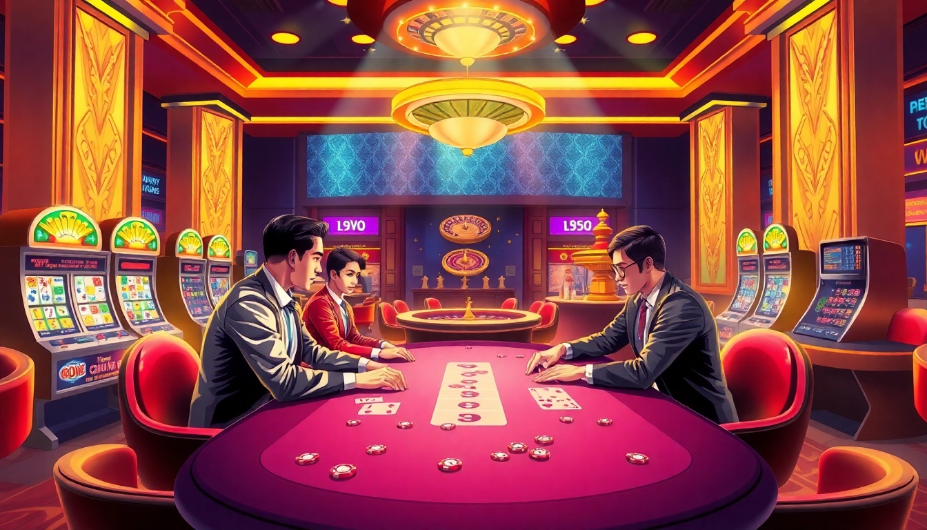 situs new77 features an elegant casino setup with thrilling poker and vibrant slot machines.