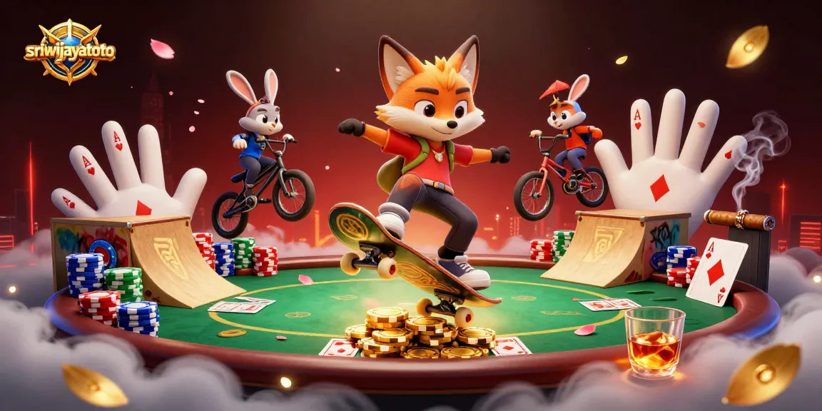Sriwijayatoto's 3D fox and rabbit characters performing thrilling tricks over golden poker chips, embodying casino excitement.