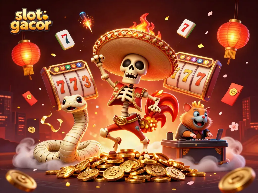 Experience the excitement of slot gacor with vibrant characters celebrating amidst festive casino elements.