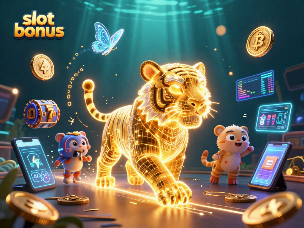 Engage with exciting slot bonus promotions in a vibrant digital casino featuring a glowing golden tiger and crypto elements.