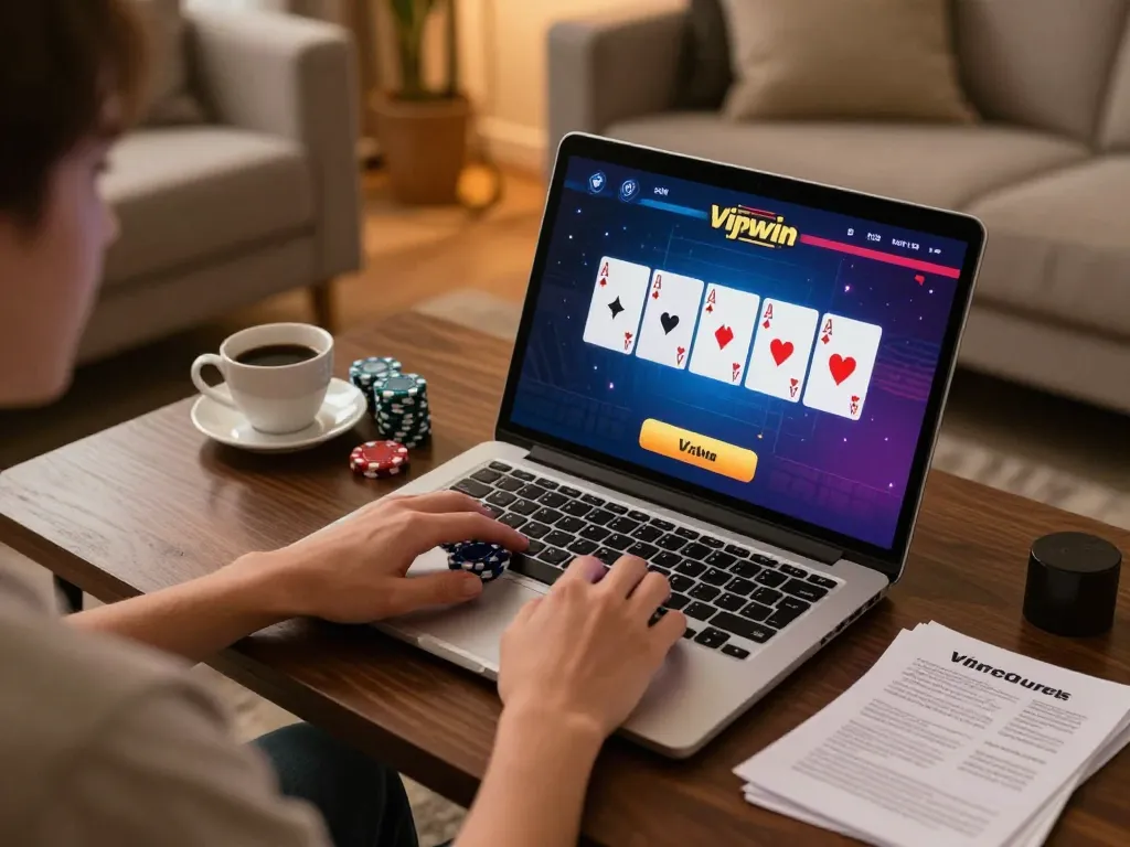 Playing poker online at Vipwin with a laptop showing vibrant game interface and warm home setting.
