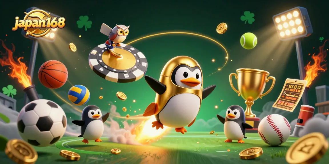 Experience thrilling action at japan168 with a golden penguin and sports elements in a vibrant casino scene.