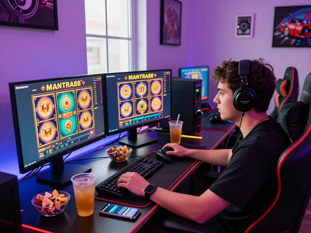 Gamer enjoying online slots at MANTRA88, showcasing an engaging gaming environment.
