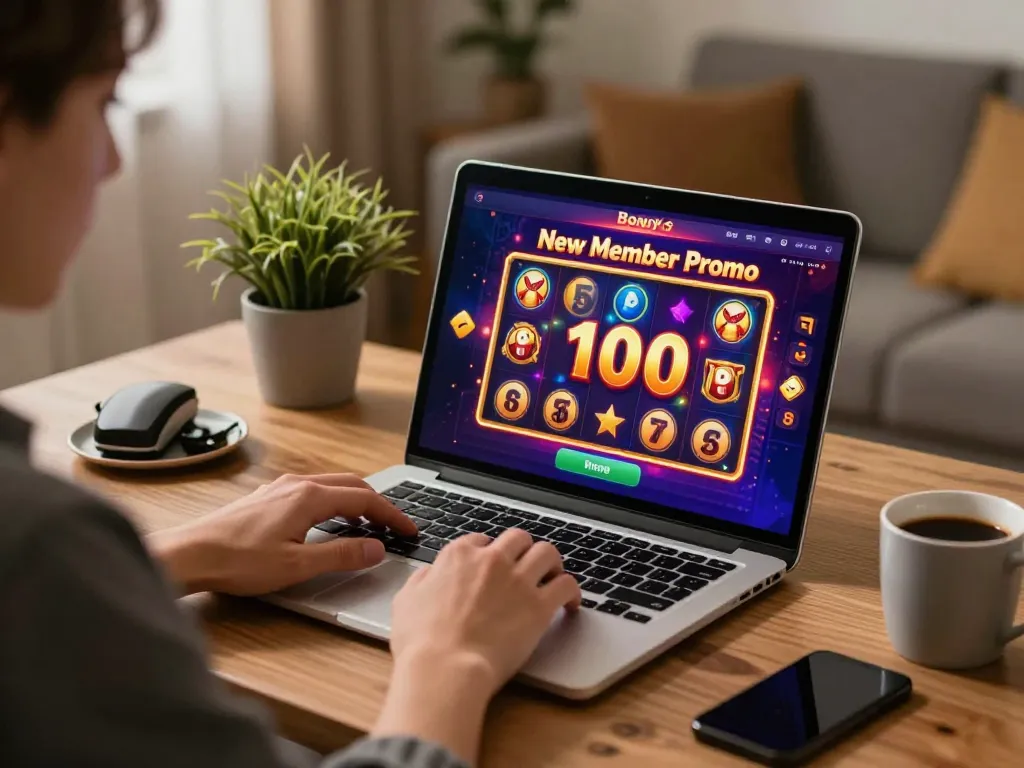 Player engaging with slot bonus new member 100 promo on laptop in cozy home environment, showcasing excitement of online gaming.