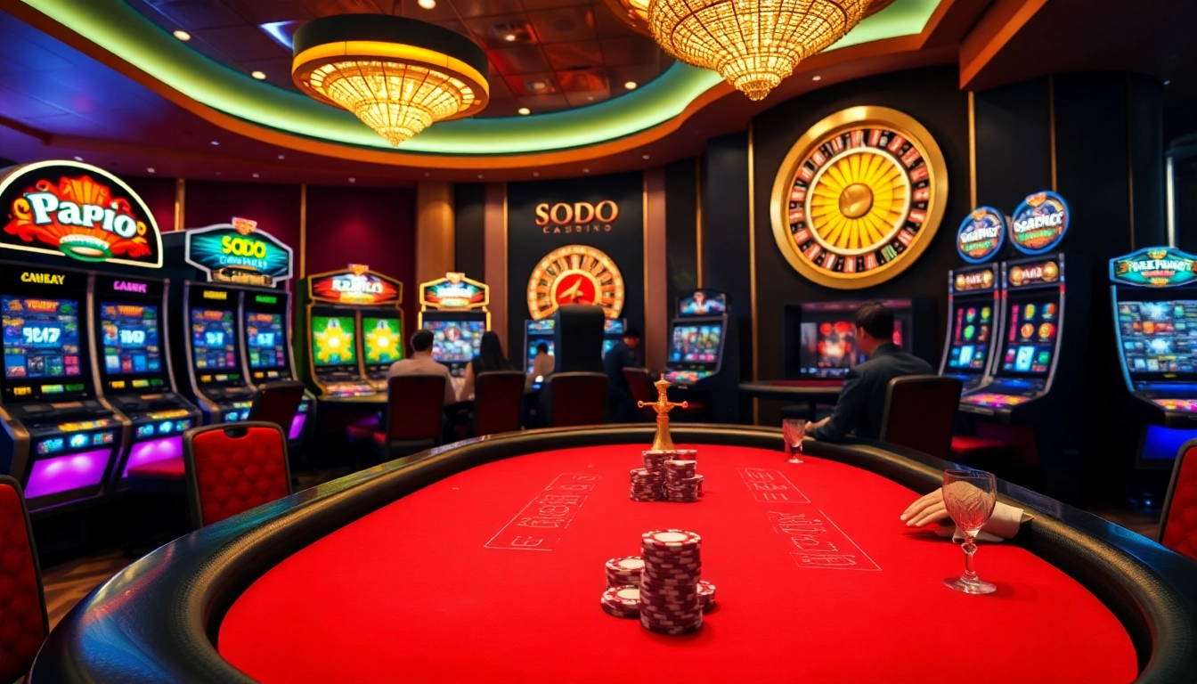 SODO Casino players strategizing at a poker table with vibrant slot machines in the background.