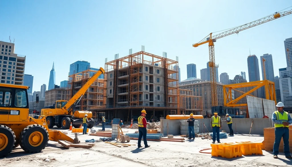 Manhattan General Contractor collaborating on a bustling construction site with urban skyline.
