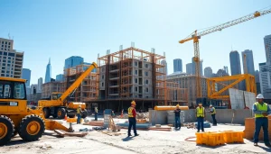 Manhattan General Contractor collaborating on a bustling construction site with urban skyline.
