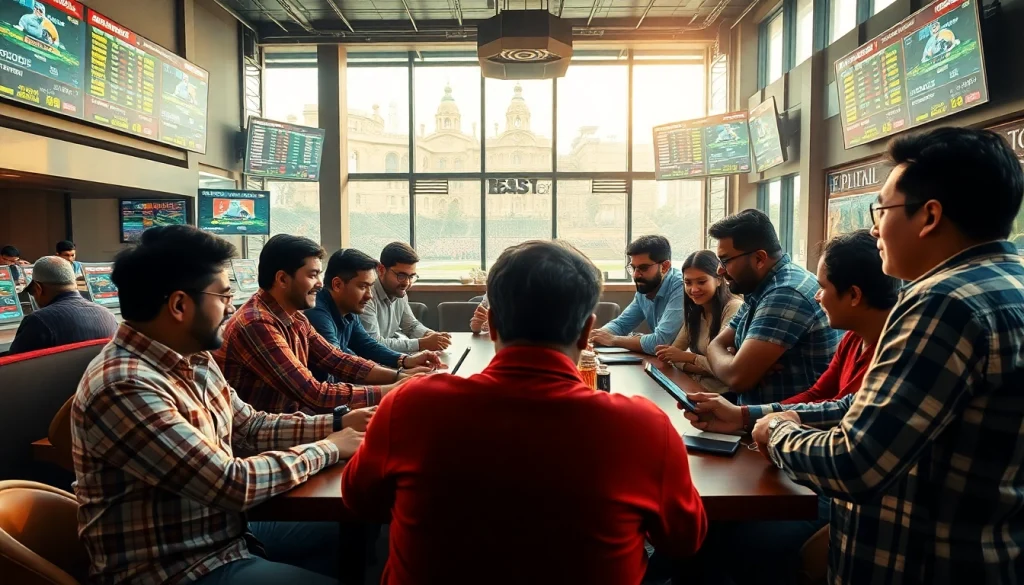 Engaged individuals analyzing sports betting sites India in a lively betting lounge.