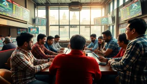Engaged individuals analyzing sports betting sites India in a lively betting lounge.