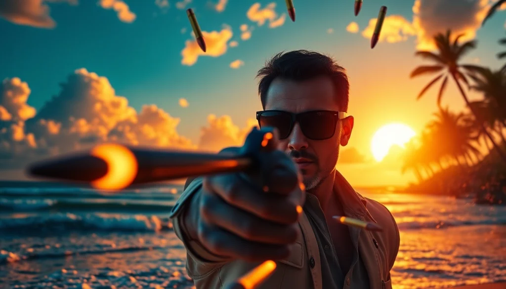 Action-packed scene of Aloha and Bullets on a tropical beach with Leroy Silver.