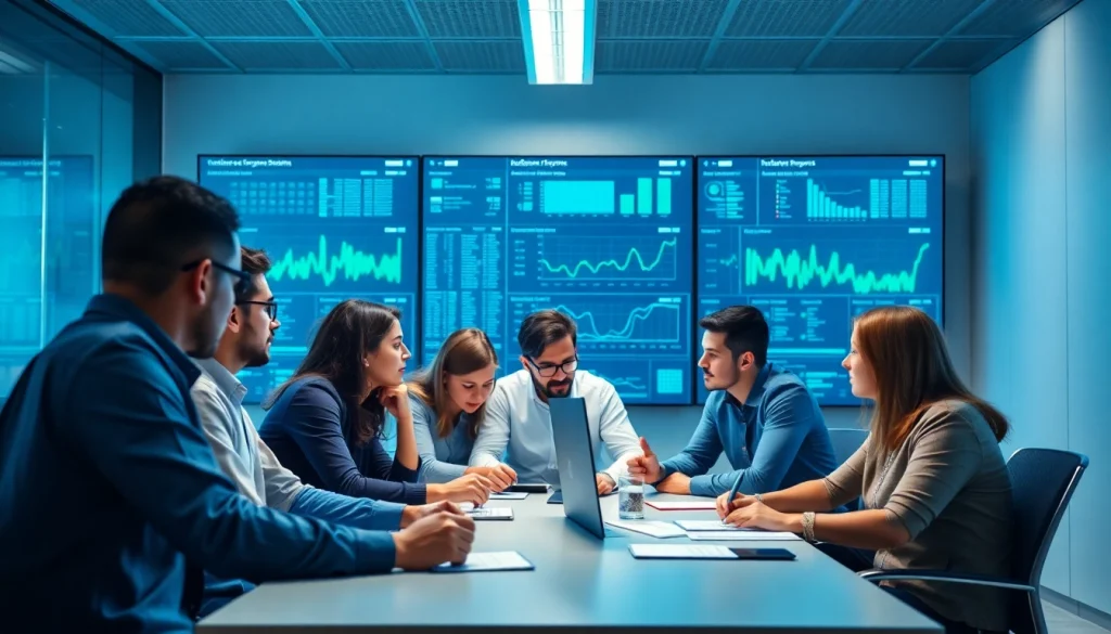 A cybersecurity team collaborates on cirt strategies in a modern office atmosphere.