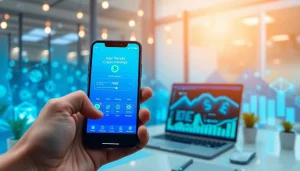 Engaging crypto mining app interface on a smartphone with digital currency graphics.